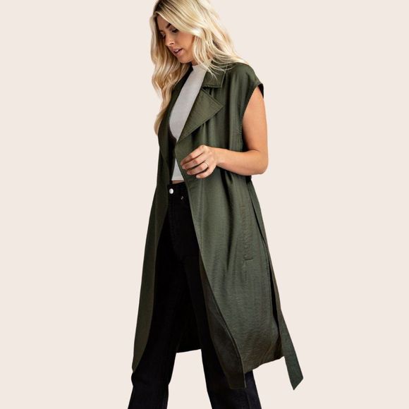 Long Sleeveless Open Front Vest with Belt & Pockets - Picture 3 of 6